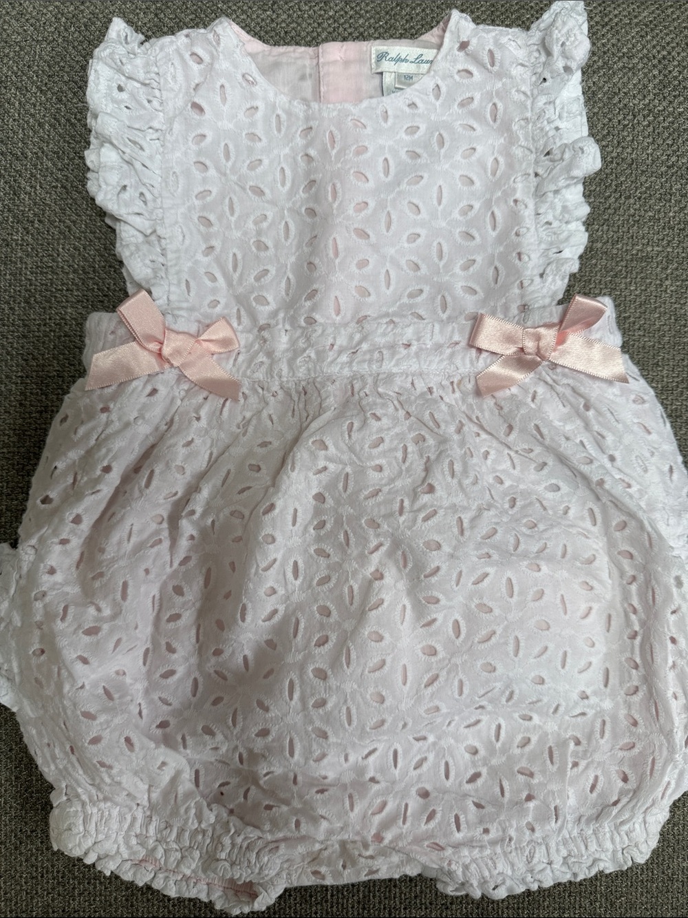Ralph Lauren Pale Pink Eyelet Baby Bubble with Ribbon Bows